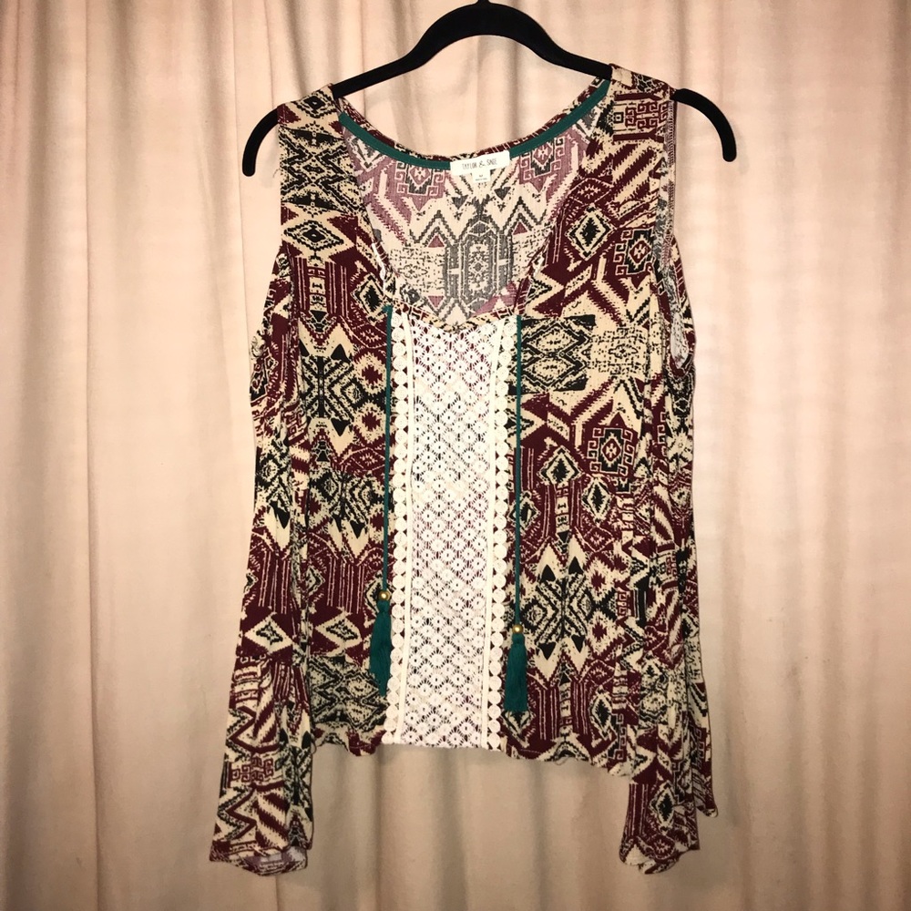 Colorful Open Shoulder Top with Lace & Tassels